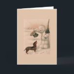 Vintage - Snowman Greets a Dachshund, Holiday Card<br><div class="desc">A vintage illustration of a snowman doffing his top hat and bowing his head in greeting to a Dachshund dog who has approached him on a snowy winter's day.  This card is blank inside for your own message.</div>
