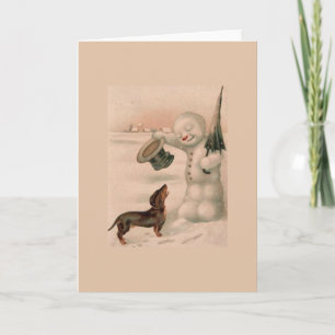 Vintage - Snowman Greets a Dachshund, Holiday Card
