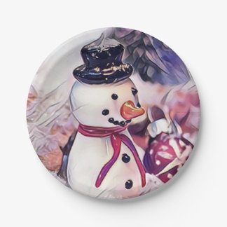 Vintage Snowman in the Snow Drawing Paper Plate