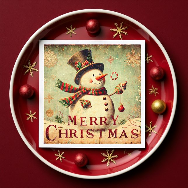 Vintage Snowman - Merry Christmas Paper Napkin (Vintage Snowman Rustic Red and Green Holidays Napkins)
