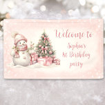 Vintage Snowman Pink Christmas 1st Birthday Banner<br><div class="desc">Cute Christmas 1st Birthday Banner with an adorable snowman and Christmas tree in blush pink with vintage vibes. Easily personalise the text.  - Kate Eden Art</div>
