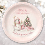 Vintage Snowman Pink Christmas First Birthday Paper Plate<br><div class="desc">Cute Christmas Birthday paper plates with an adorable snowman and Christmas tree in blush pink with vintage vibes. Easily personalise the text. You can use it not just for 1st Birthday. :) - Kate Eden Art</div>
