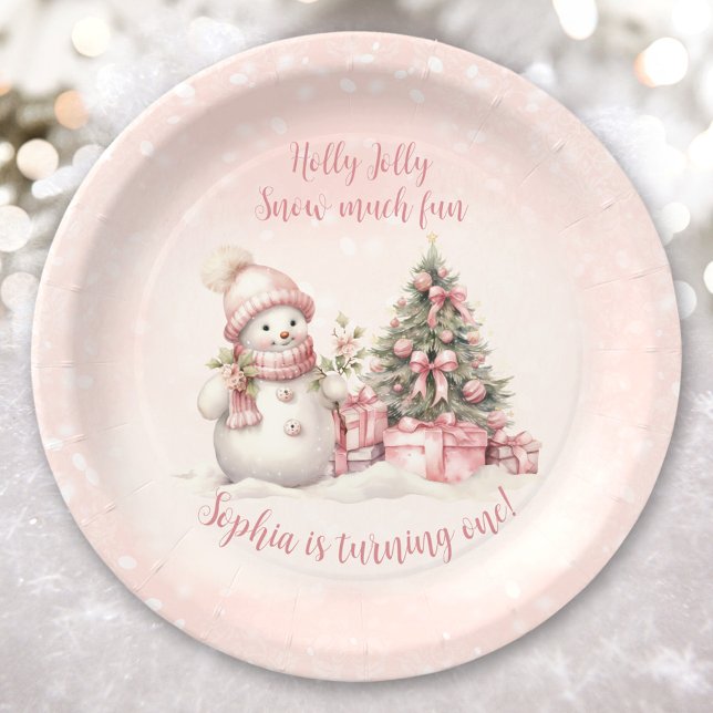 Vintage Snowman Pink Christmas First Birthday Paper Plate (Vintage Snowman Pink Christmas First Birthday Paper Plates)