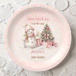 Vintage Snowman Pink Christmas Girl Baby Shower Paper Plate<br><div class="desc">Cute Christmas girl baby shower paper plates with an adorable snowman and Christmas tree in blush pink with vintage vibes. Easily personalise the text - Kate Eden Art</div>
