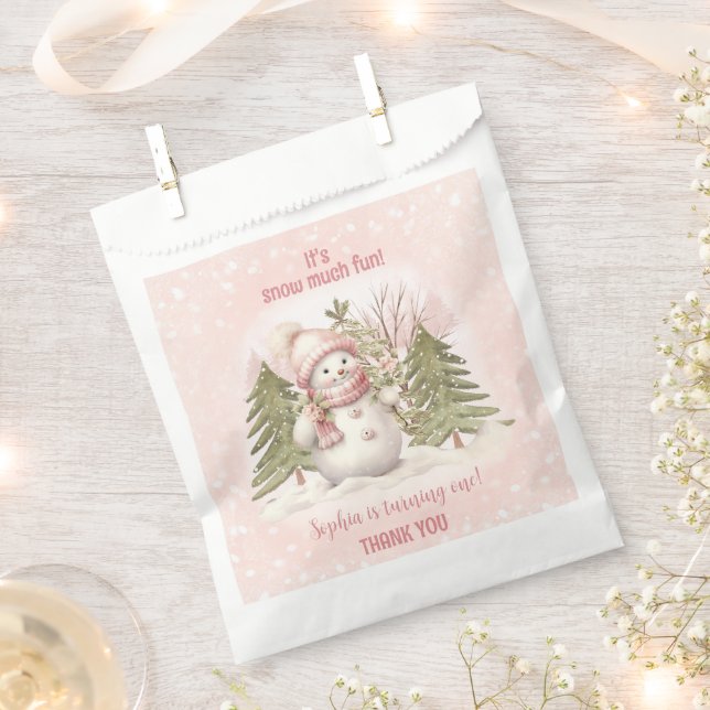 Vintage Snowman Pink Winter 1st Birthday Favour Bags (Clipped)