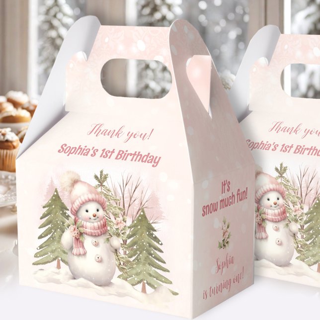 Vintage Snowman Pink Winter 1st Birthday Favour Box (Vintage Snowman Pink Winter 1st Birthday Favor Box)