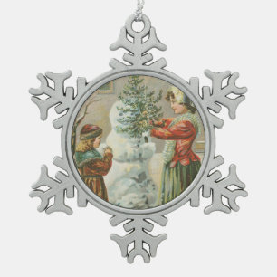 Vintage Snowman Snowflake Pewter Christmas Ornament