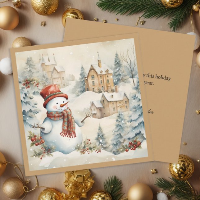Vintage Snowman Snowy Village Christmas Holiday Card (Vintage snowman square Christmas greeting card)