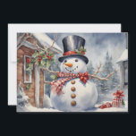 Vintage Snowman Top Hat Holly Berries Christmas Holiday Card<br><div class="desc">Vintage Christmas holiday greeting card with a painting of a happy snowman with a big black top hat. Personalised on the back with your message and name. Contact me for assistance with your customisation or to request additional matching or coordinating Zazzle products.</div>