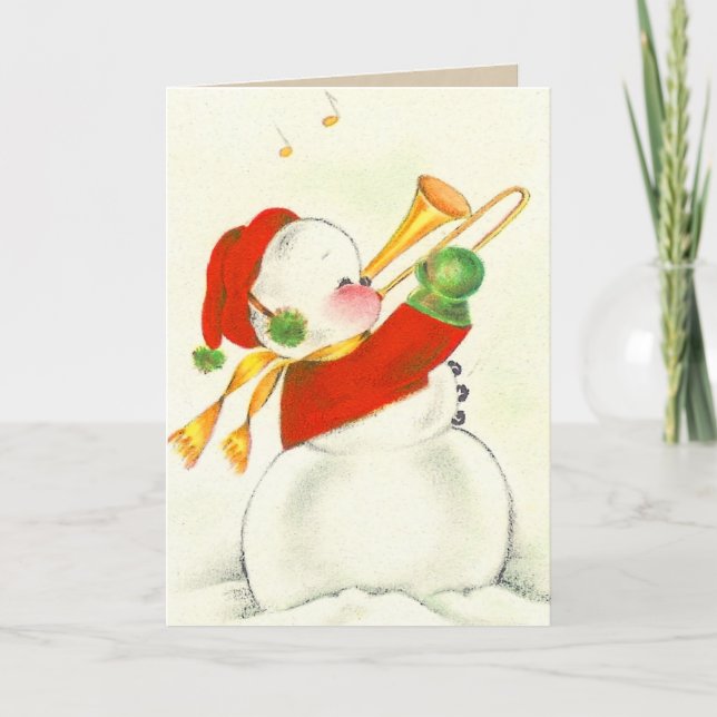 Vintage Snowman Trombone Holiday Card (Front)