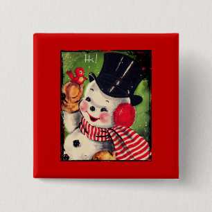 Vintage Snowman with a Red Bird 15 Cm Square Badge