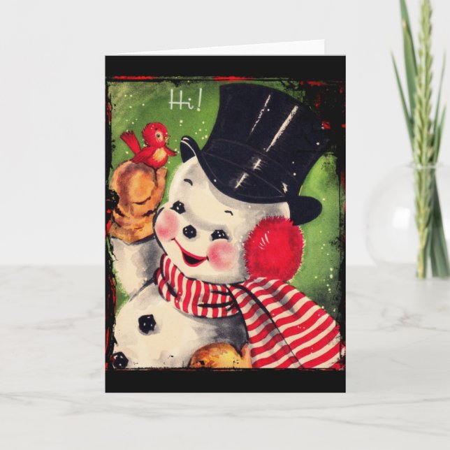 Vintage Snowman with a Red Bird Holiday Card (Front)
