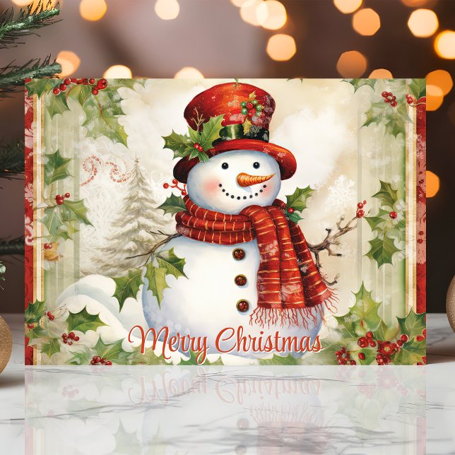 Vintage Snowman with Holly Merry Christmas Holiday Card (Creator Uploaded)