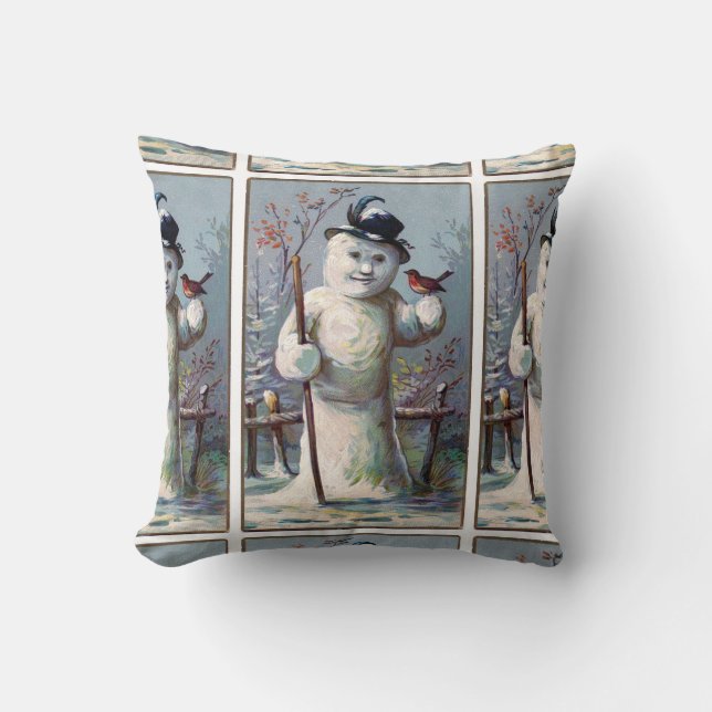 Vintage Snowman with Robin Pattern Cushion (Front)