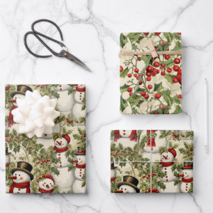 Vintage Snowmen And Holly  Wrapping Paper Sheet