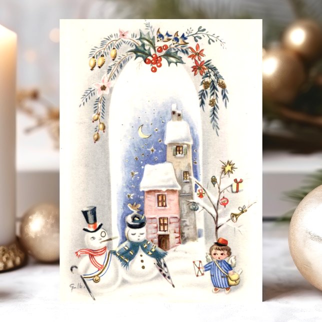 Vintage Snowmen Angel Boy Courier Christmas Holiday Card (Creator Uploaded)