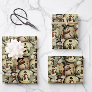 Vintage Snowmen Wonderland Collage Wrapping Paper Sheet