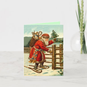 Vintage Snowshoeing Santa Christmas Holiday Card