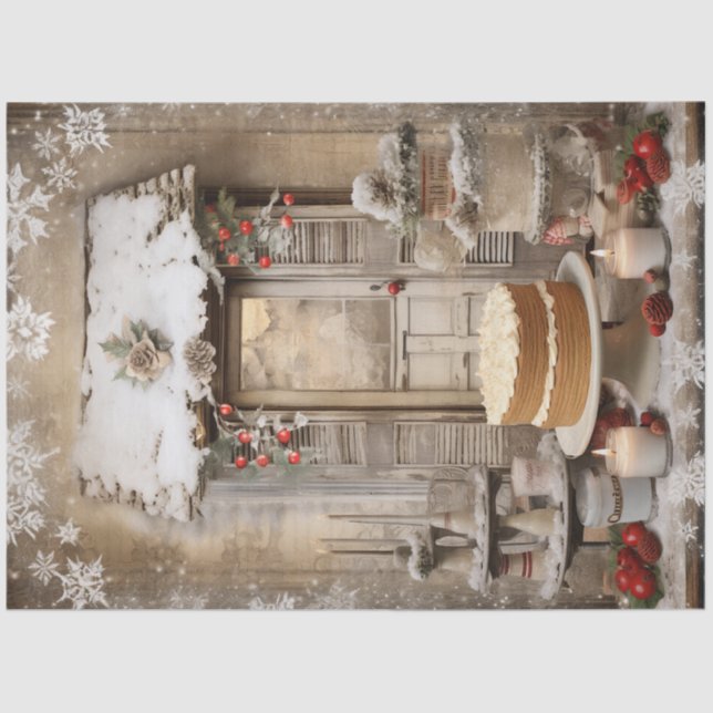 Vintage Snowy Christmas Cake Holiday Decoupage Tissue Paper (Front)