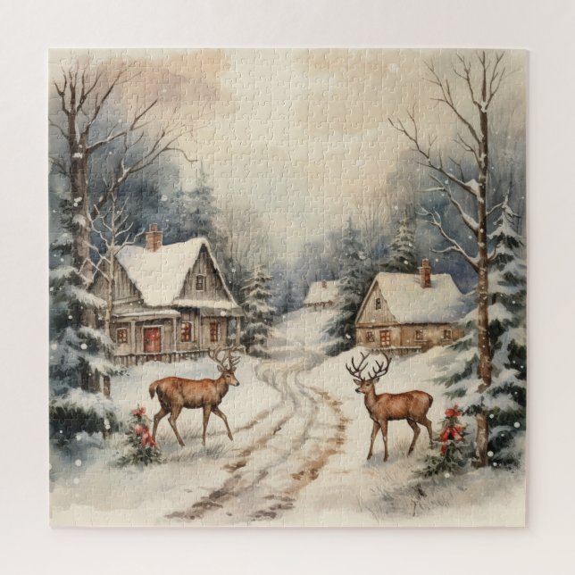 Vintage Snowy Christmas Landscape With Deer Jigsaw Puzzle (Vertical)