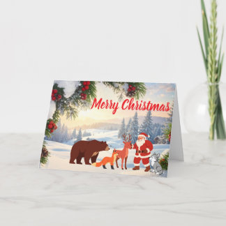 Vintage Snowy Christmas Santa and Forest Animals Holiday Card