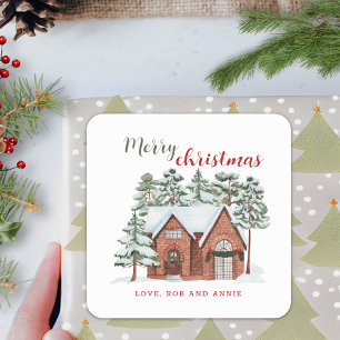 Vintage Snowy Cottage Custom Merry Christmas Square Sticker