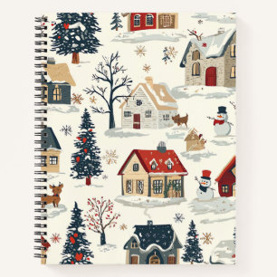 Vintage Snowy Cottages Red Navy Christmas Notebook