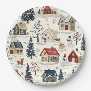Vintage Snowy Cottages Red Navy Christmas Paper Plate
