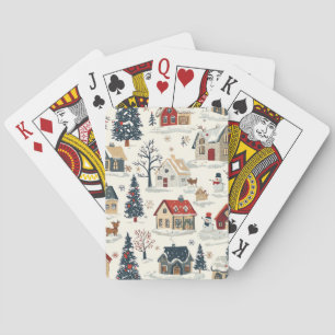 Vintage Snowy Cottages Red Navy Christmas Playing Cards