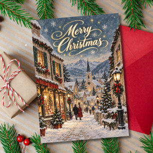 Vintage Snowy Country Christmas Village Holiday Card