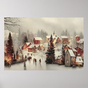 Vintage snowy holiday village poster