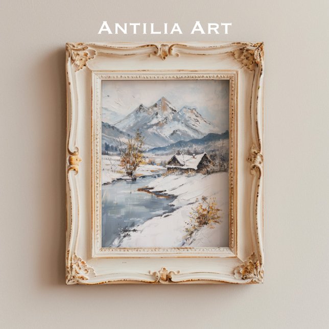 Vintage Snowy Mountain Cabin Landscape Poster (Creator Uploaded)