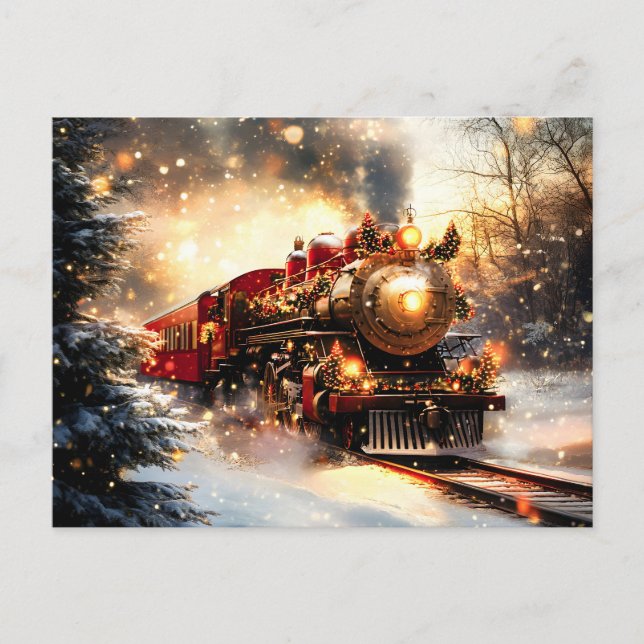 Vintage Snowy Night Christmas Train Express Announcement Postcard (Front)