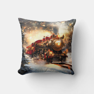 Vintage Snowy Night Christmas Train Express Cushion