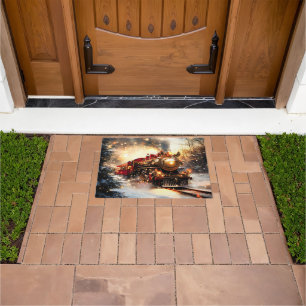 Vintage Snowy Night Christmas Train Express Doormat