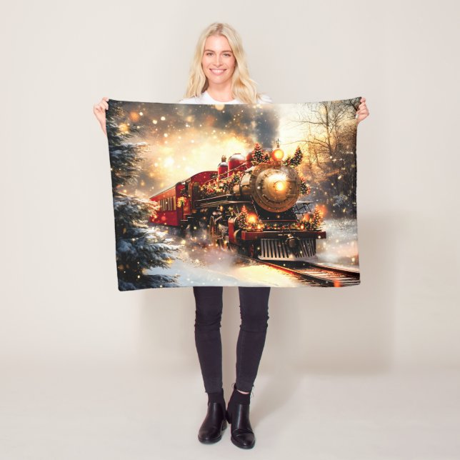 Vintage Snowy Night Christmas Train Express Fleece Blanket (In Situ)