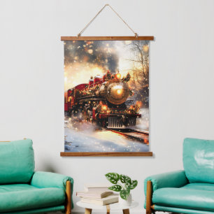 Vintage Snowy Night Christmas Train Express Hanging Tapestry
