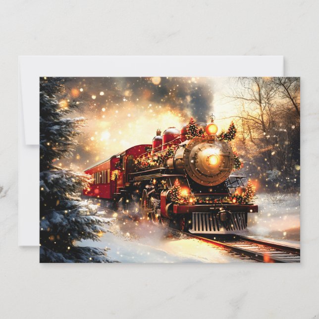 Vintage Snowy Night Christmas Train Express Holiday Card (Front)