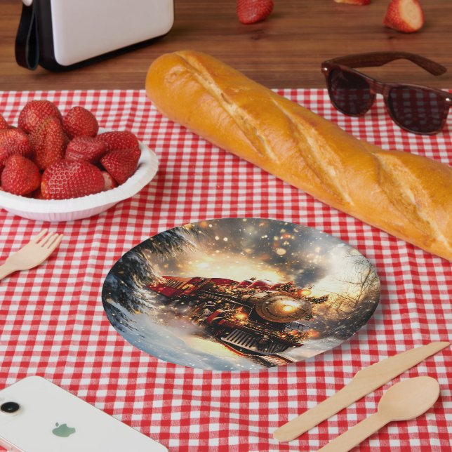 Vintage Snowy Night Christmas Train Express Paper Plate (Picnic)