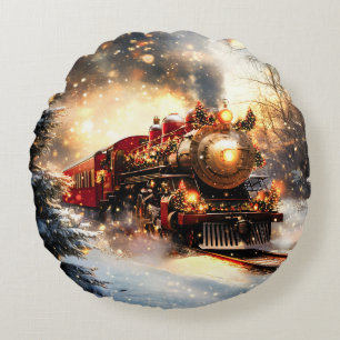 Vintage Snowy Night Christmas Train Express Round Cushion