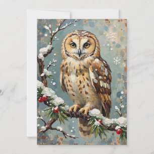 Vintage Snowy Owl with Christmas Pine Garland Art Holiday Card