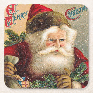 Vintage Snowy Santa Claus Merry Christmas Square Paper Coaster