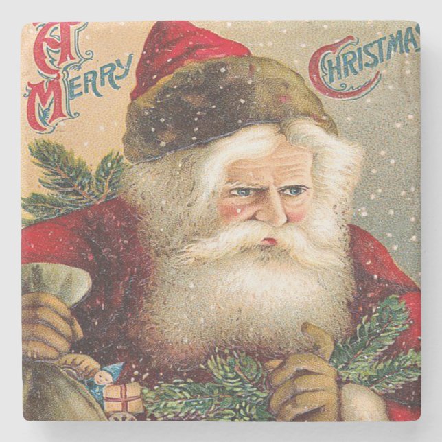 Vintage Snowy Santa Claus Merry Christmas Stone Coaster (Front)