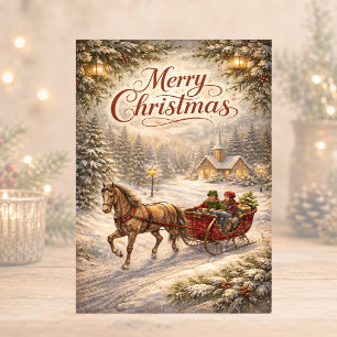 Vintage Snowy Sleigh Ride Merry Christmas Holiday Card