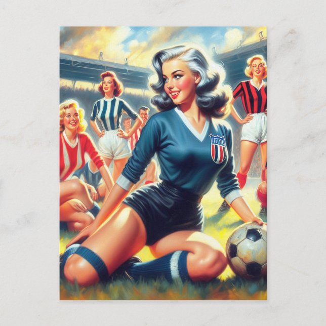 Vintage Soccer Girls Illustration Postcard (Front)