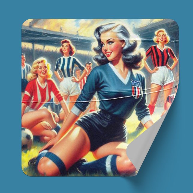 Vintage Soccer Girls Illustration Square Sticker (Creator Uploaded)