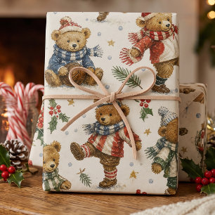 Vintage Soccer Teddy Bears Christmas Wrapping Paper Sheet
