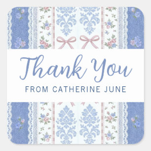 Vintage Soft Blue Floral Thank You with Name Square Sticker