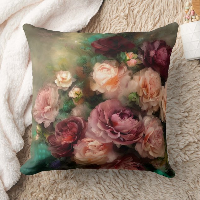 Vintage Soft Pink And Burgundy Roses Painted Cushion (Blanket)
