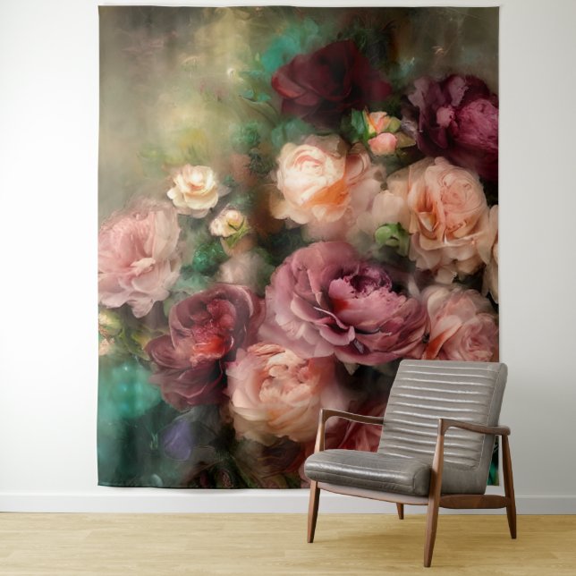 Vintage Soft Pink And Burgundy Roses Painted Tapestry (In Situ)